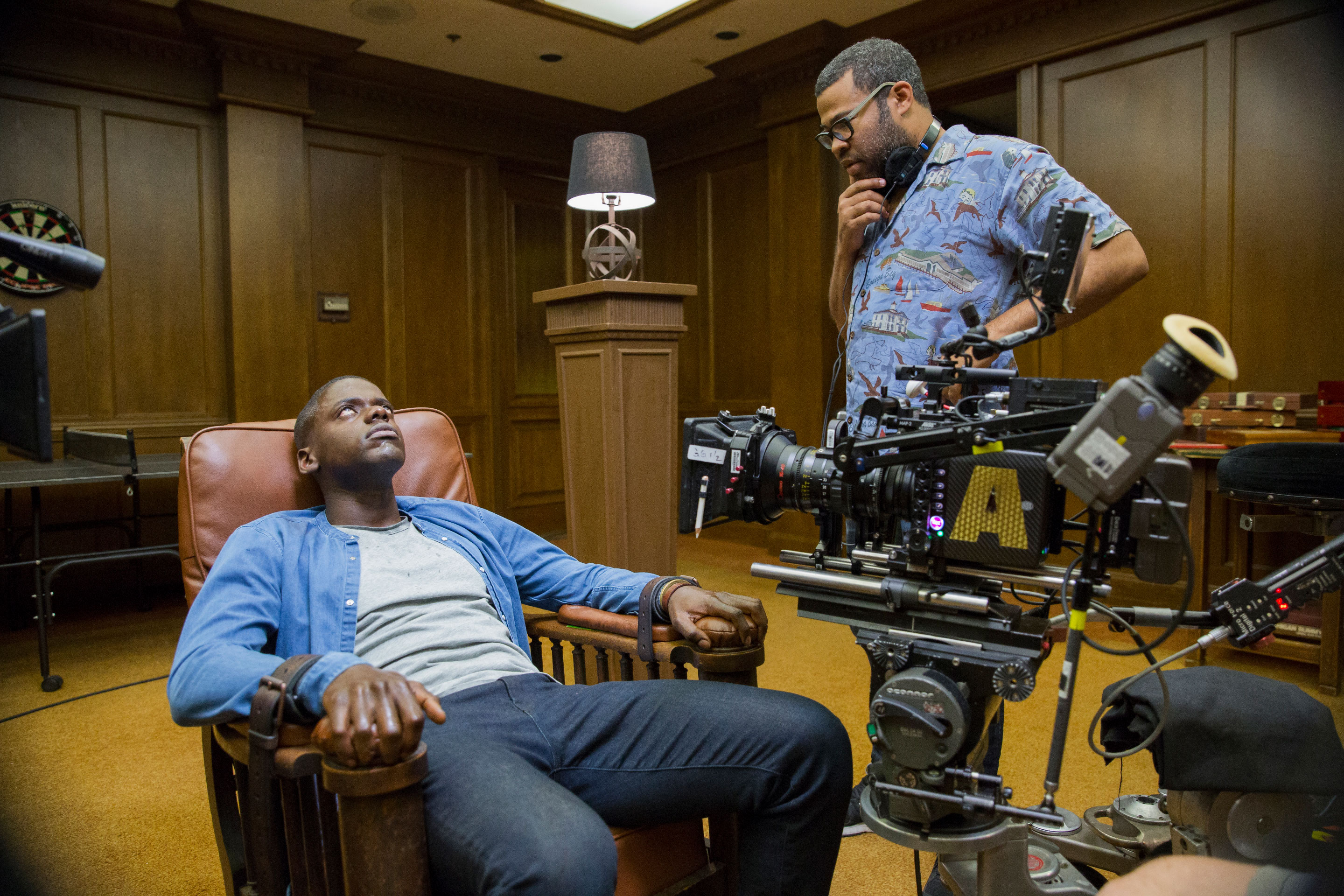 Jordan Peele with Daniel Kaluuya on set of the 2017 film GET OUT.