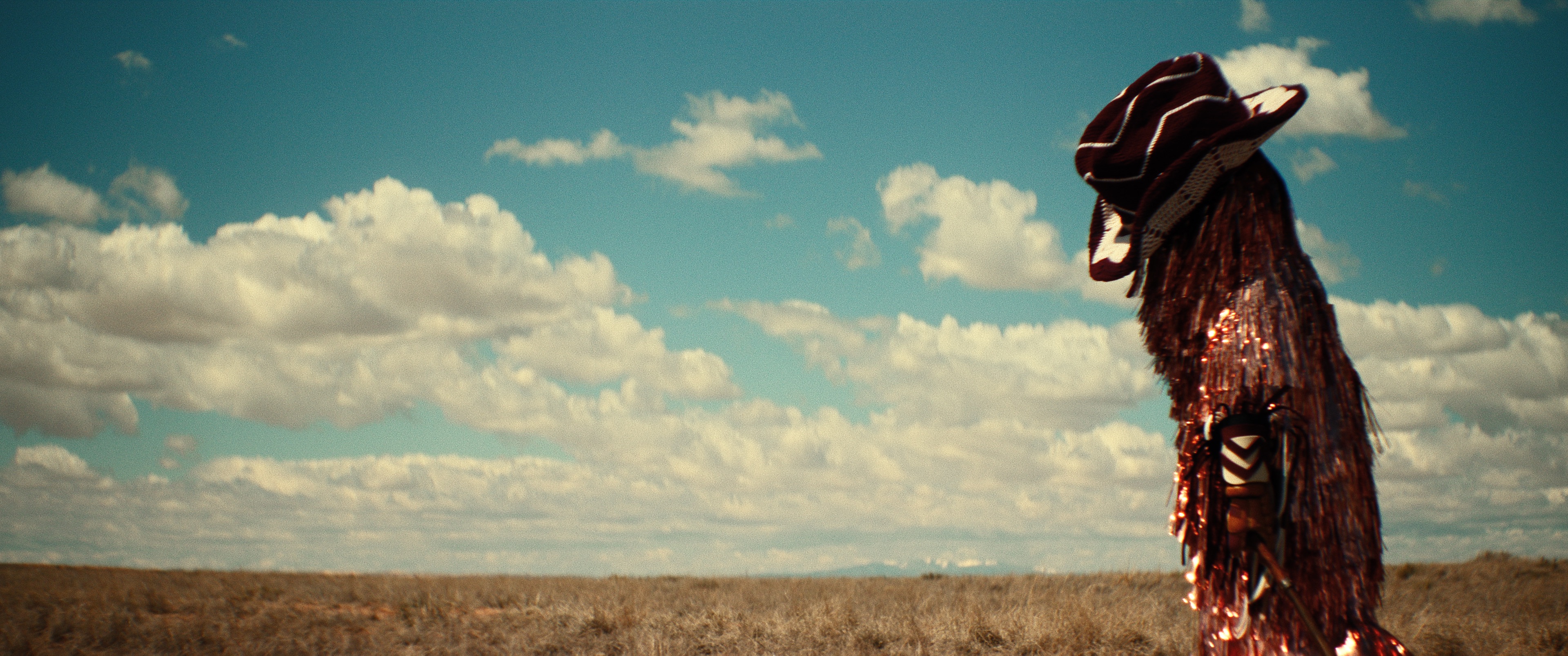 A sparkly costumed mascot figure wearing a cowboy hat in the desert.