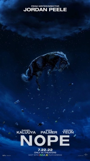 Nope Movie Poster - Horse floating in the air with debris floating in the background.