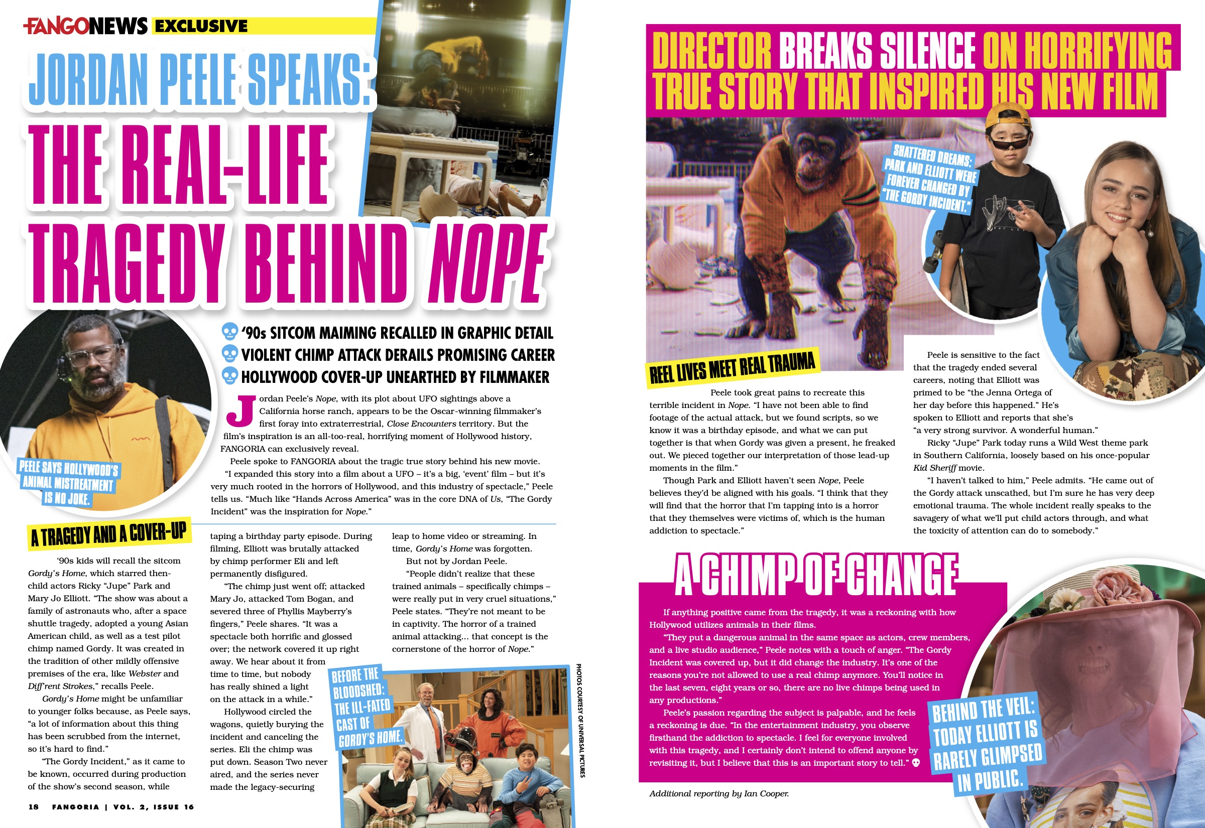 2 page spread of The Real-life tragedy behind NOPE featuring Jordan Peele, Sophia Coto, and Gordy.