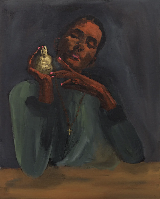 Painting of woman sitting and admiring a small sculpture.