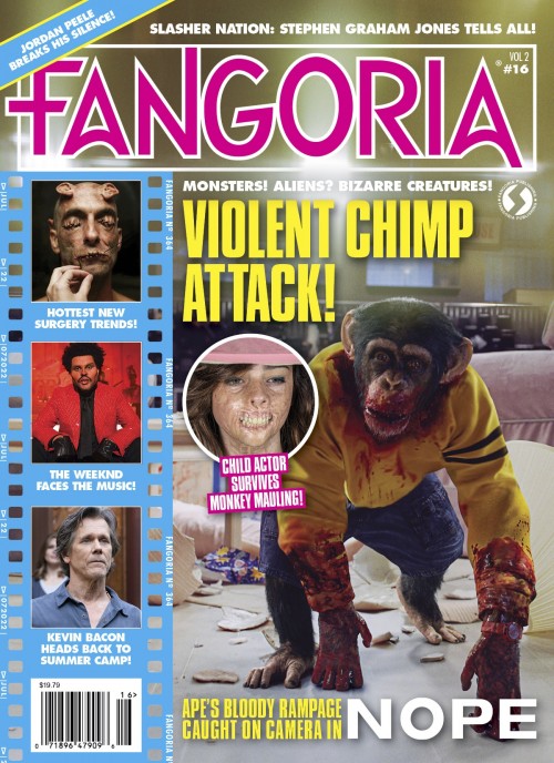 Fangoria magazine cover with bloody chimp from movie NOPE.